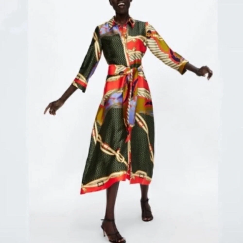 ZARA Scarf Print Midi Maxi Satin Long Sleeve Button Down Shirt Dress - Picture 5 of 14